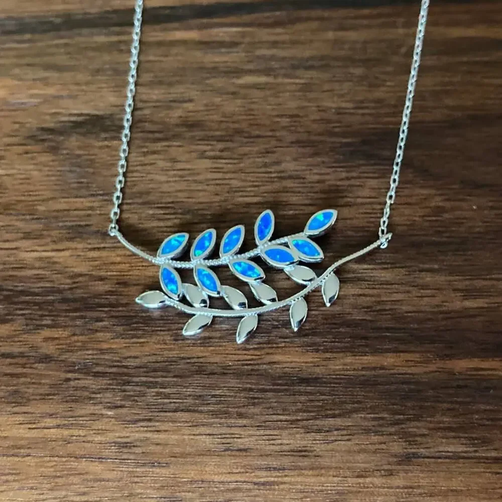 Sterling Silver Necklace with Blue Opalite Leaves - 925 Stamped - 17 in - NEW
